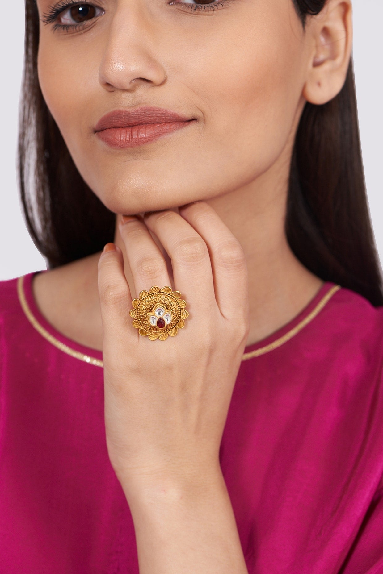 Gold Finish Ring With Kundan Polki