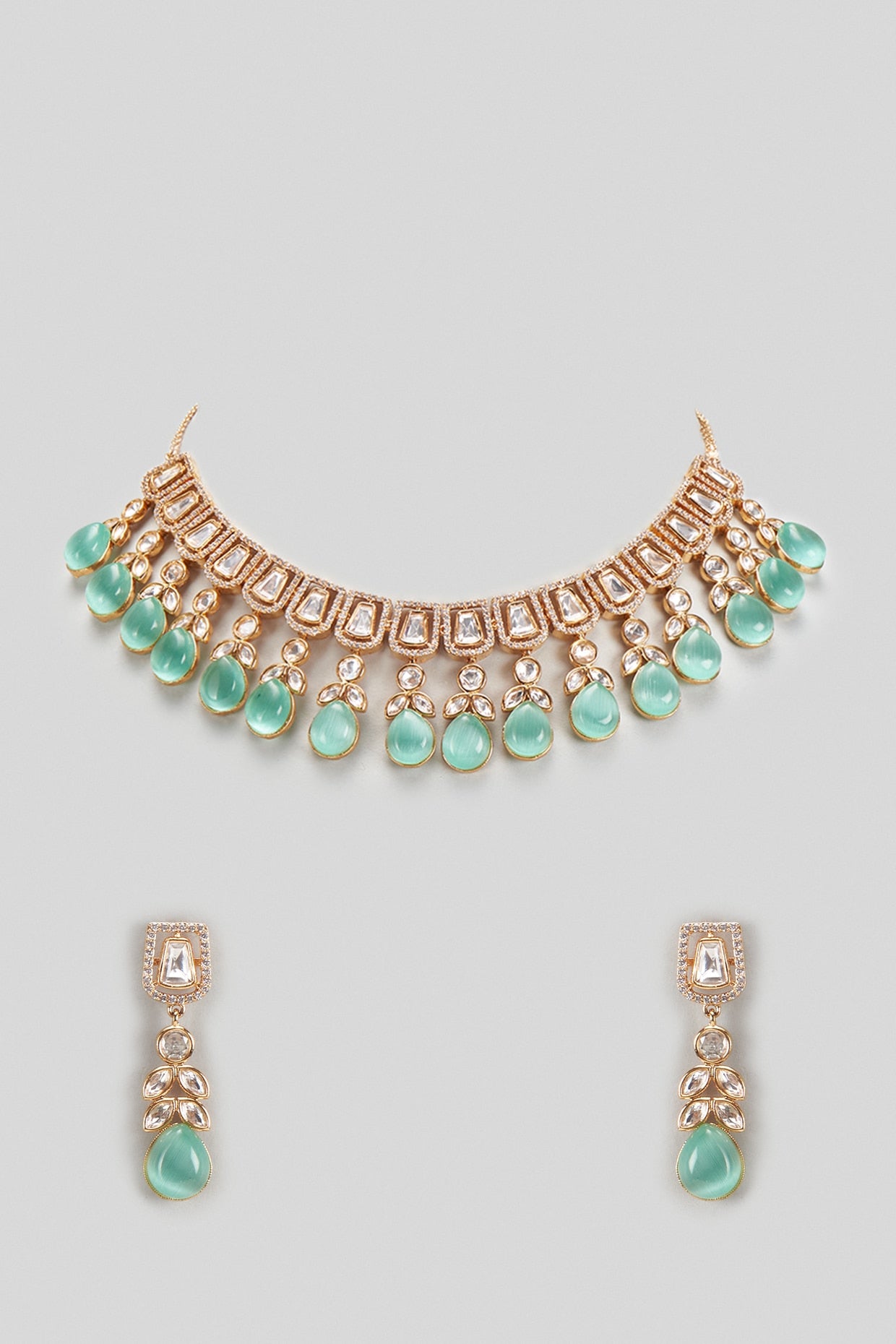 Rose Gold Finish Turquoise Stone & Kundan Polki Choker Necklace Set