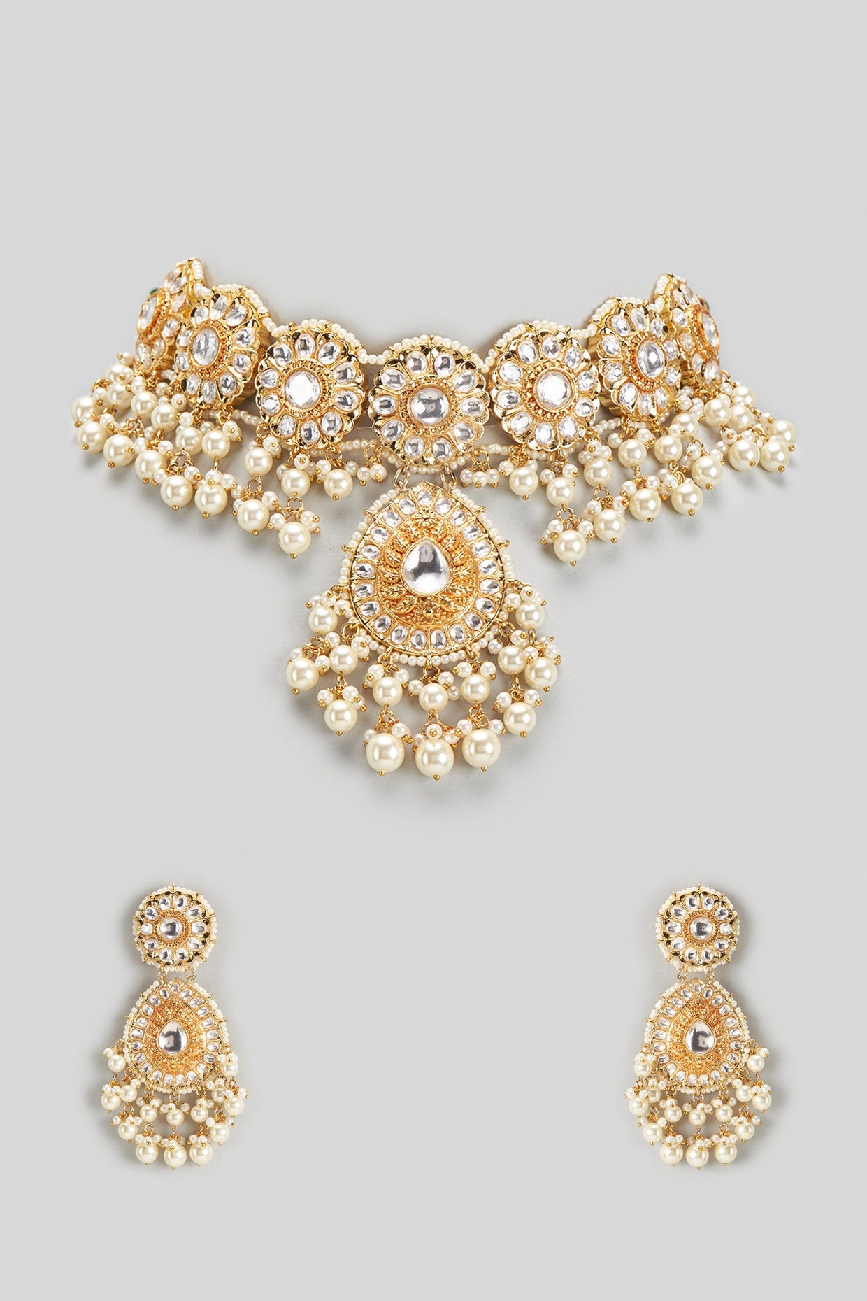 Gold Finish Kundan Polki & Pearl Drop Choker Necklace Set