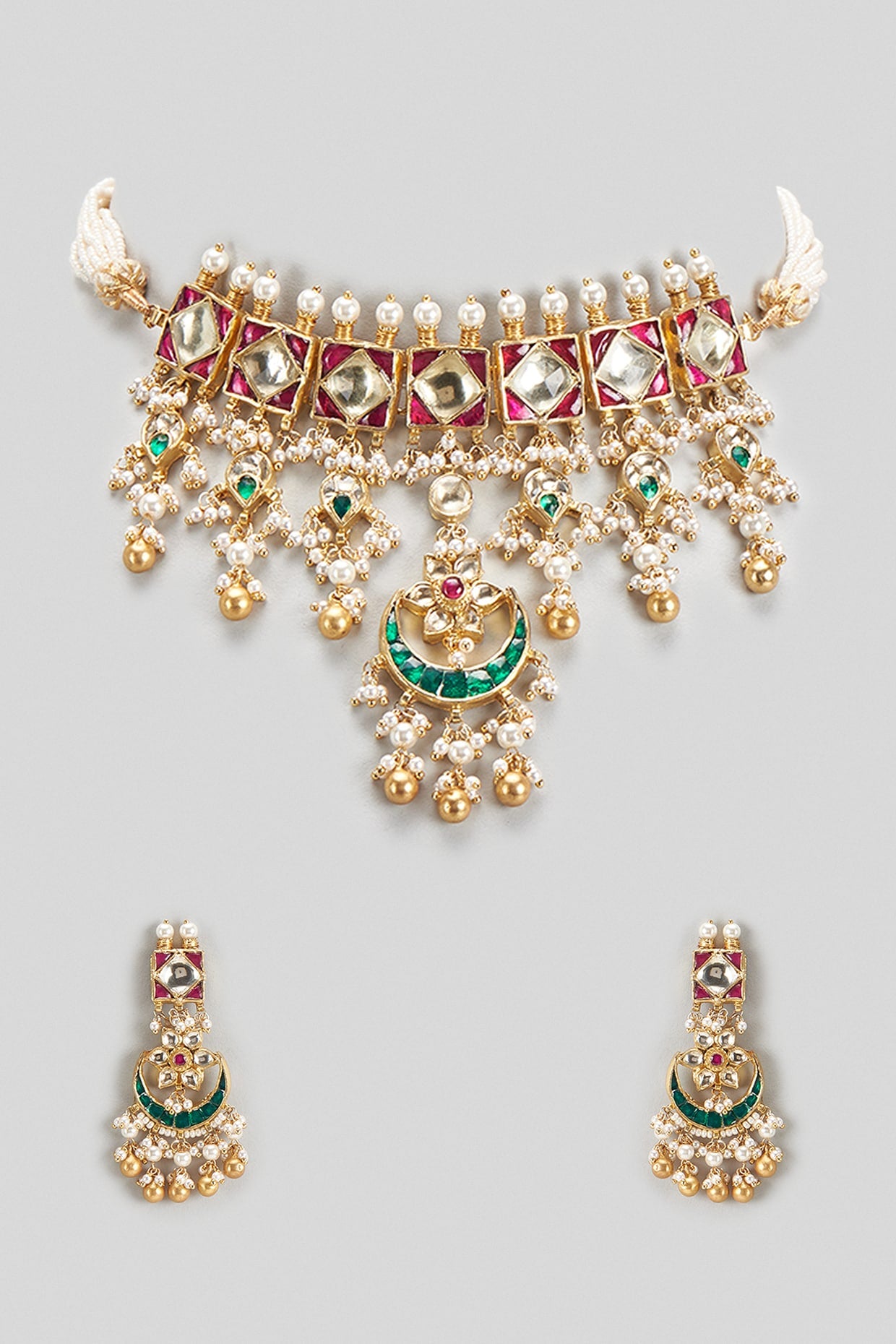 Gold Finish Red & Green Kundan Polki Choker Necklace Set