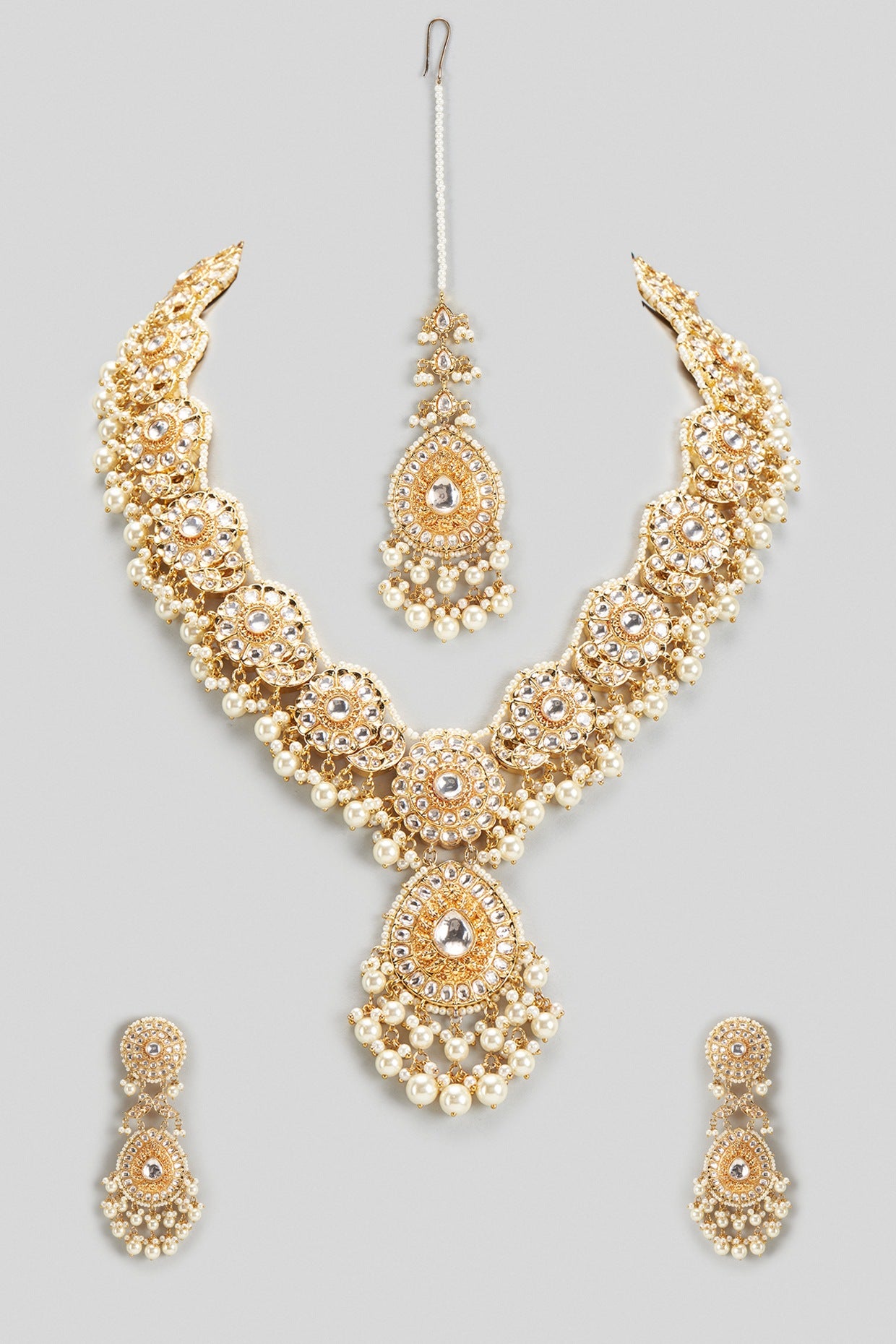 Gold Finish Kundan Polki & Pearl Drop Long Necklace Set