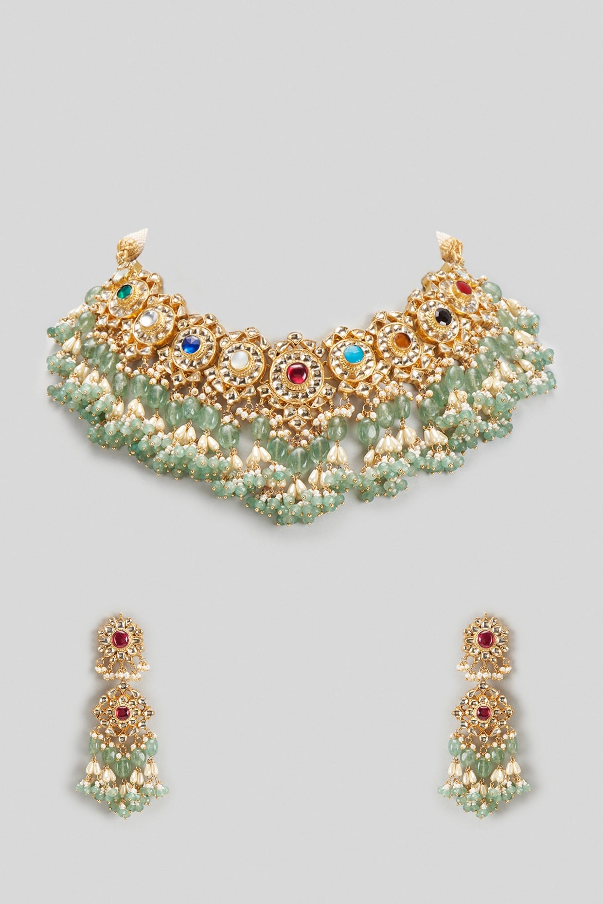 Gold Finish Kundan Polki & Navratna Stone Choker Necklace Set