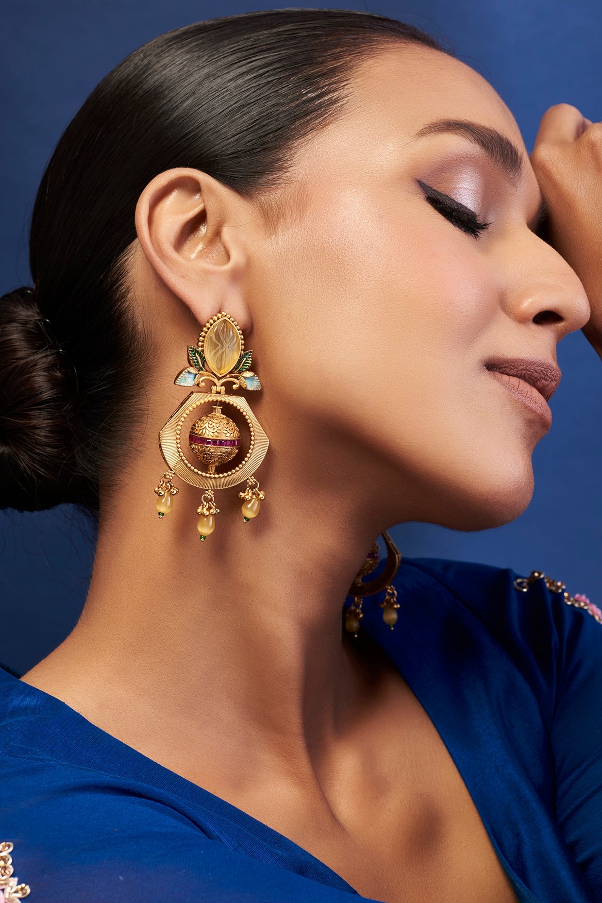 Gold Finish Yellow Stone Chandbali Earrings