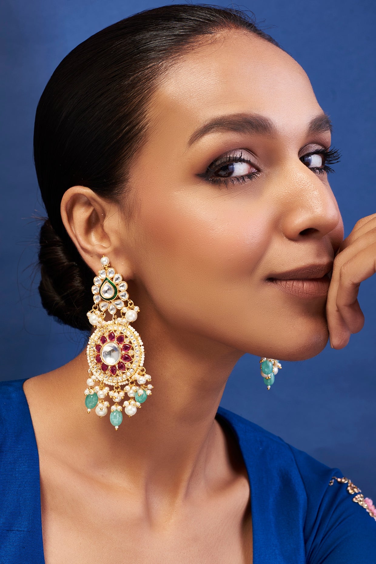 Gold Finish Stone & Kundan Polki Dangler Earrings