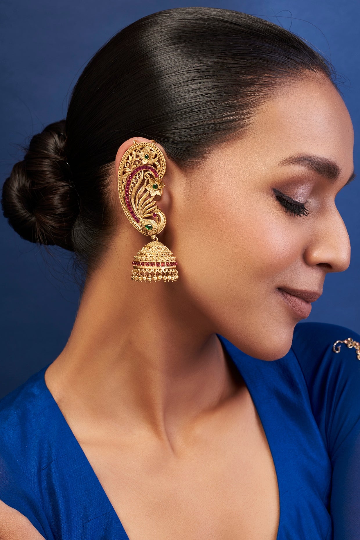 Gold Finish Stone & Kundan Polki Temple Earrings