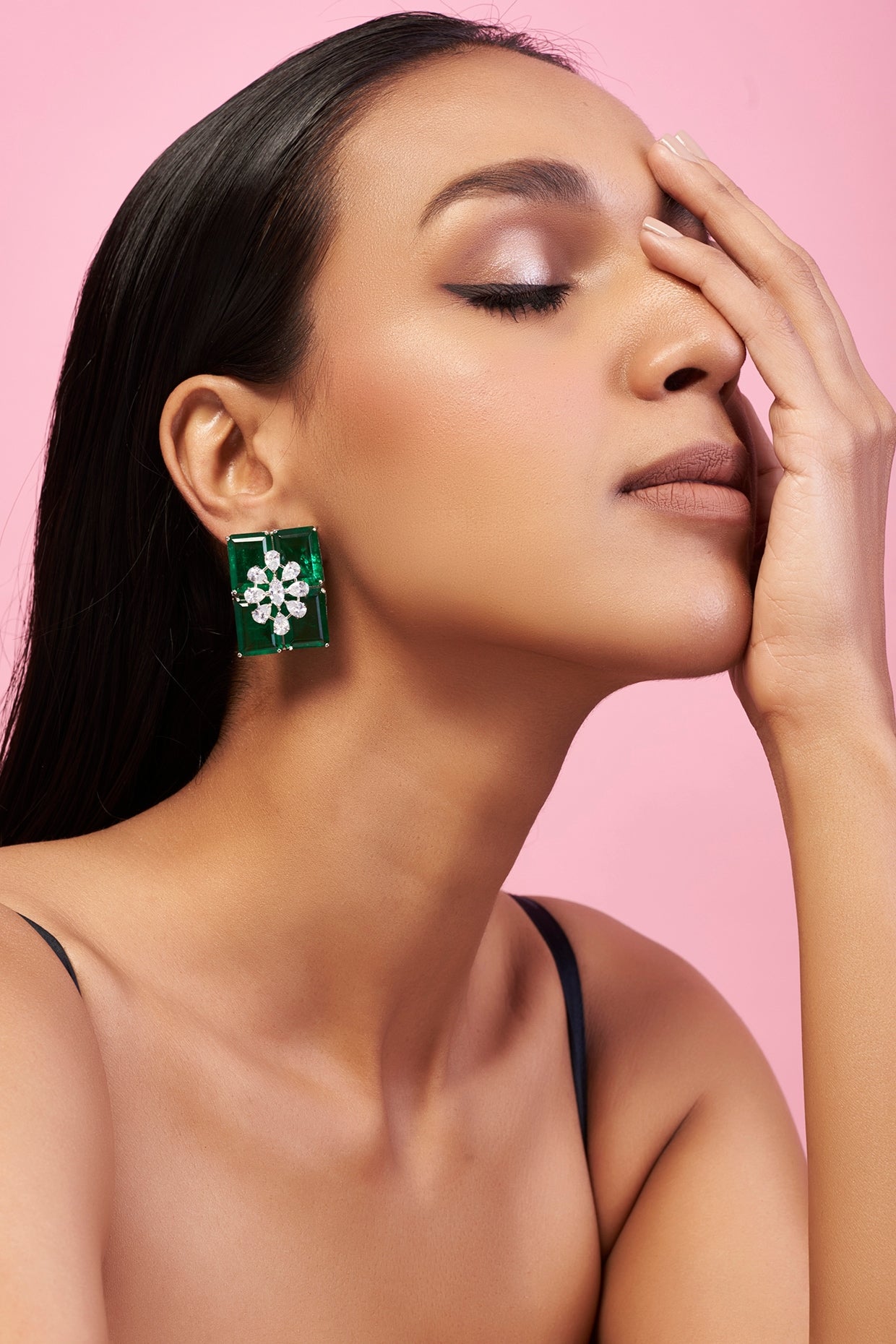 Silver Finish Emerald Doublet Stone Stud Earrings