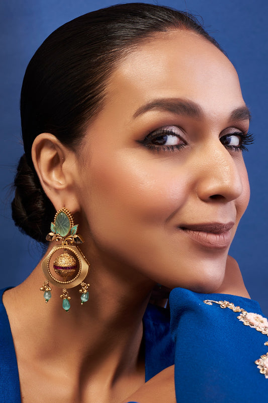 Gold Finish Turquoise Stone Chandbali Earrings