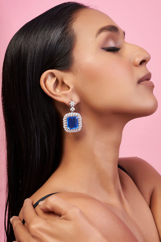 Silver Finish Blue Doublet Stone & Zircon Dangler Earrings