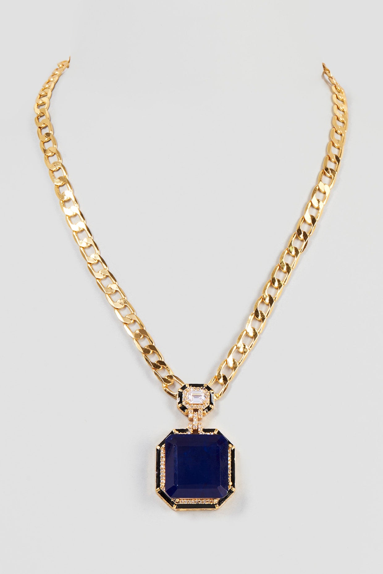 Gold Finish Sapphire Synthetic Stone Pendant Necklace