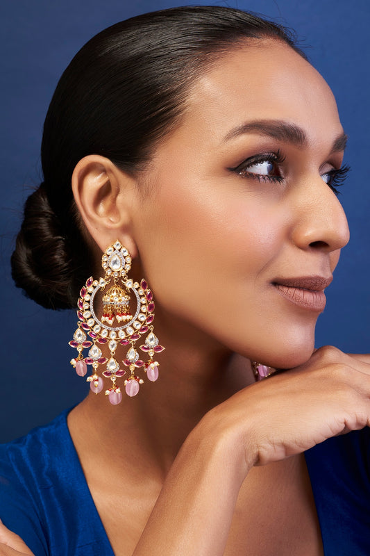 Gold Finish Red Kundan Polki Chandbali Earrings