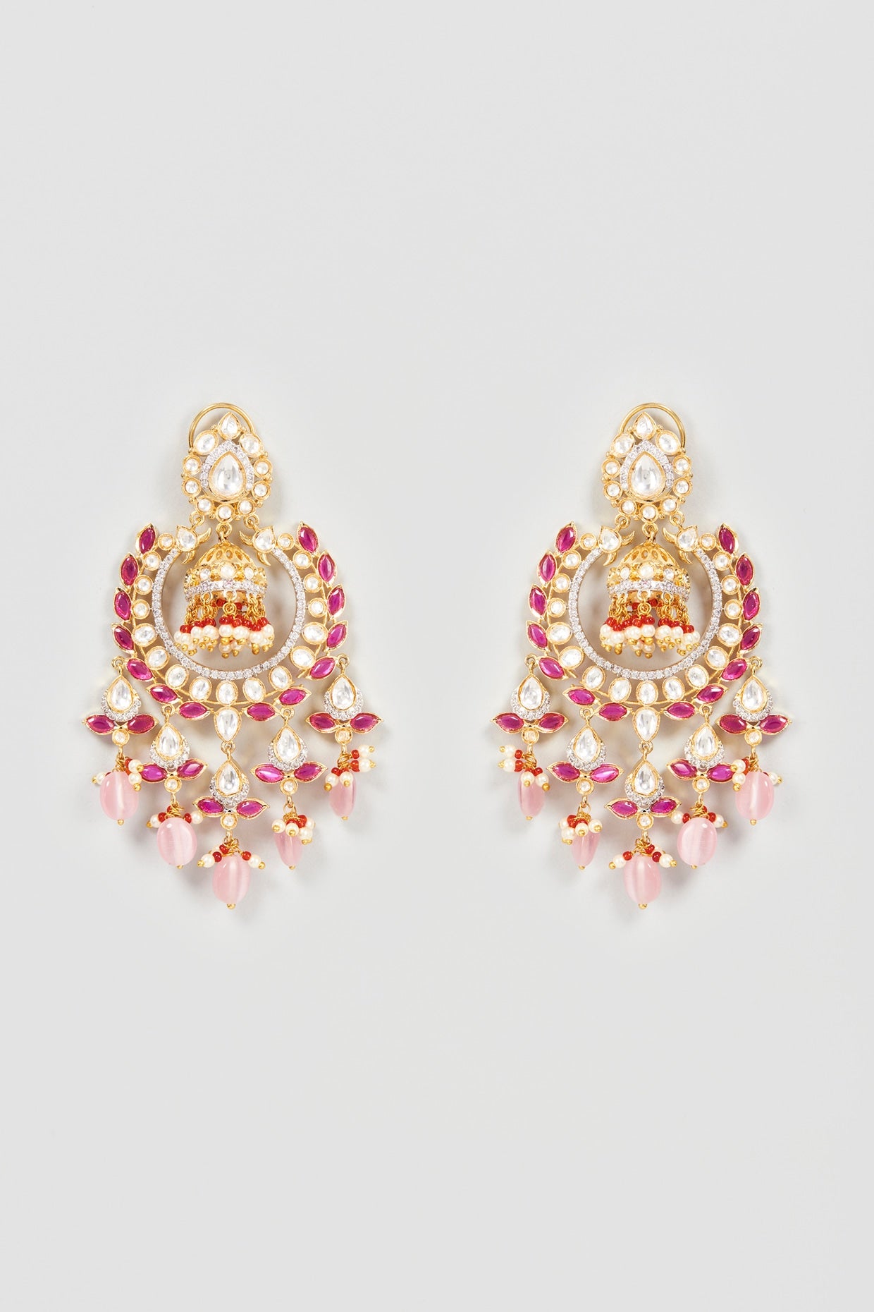 Gold Finish Red Kundan Polki Chandbali Earrings