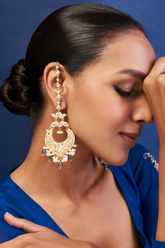 Gold Finish Grey Kundan Polki Chandbali Earrings With Maang Tikka