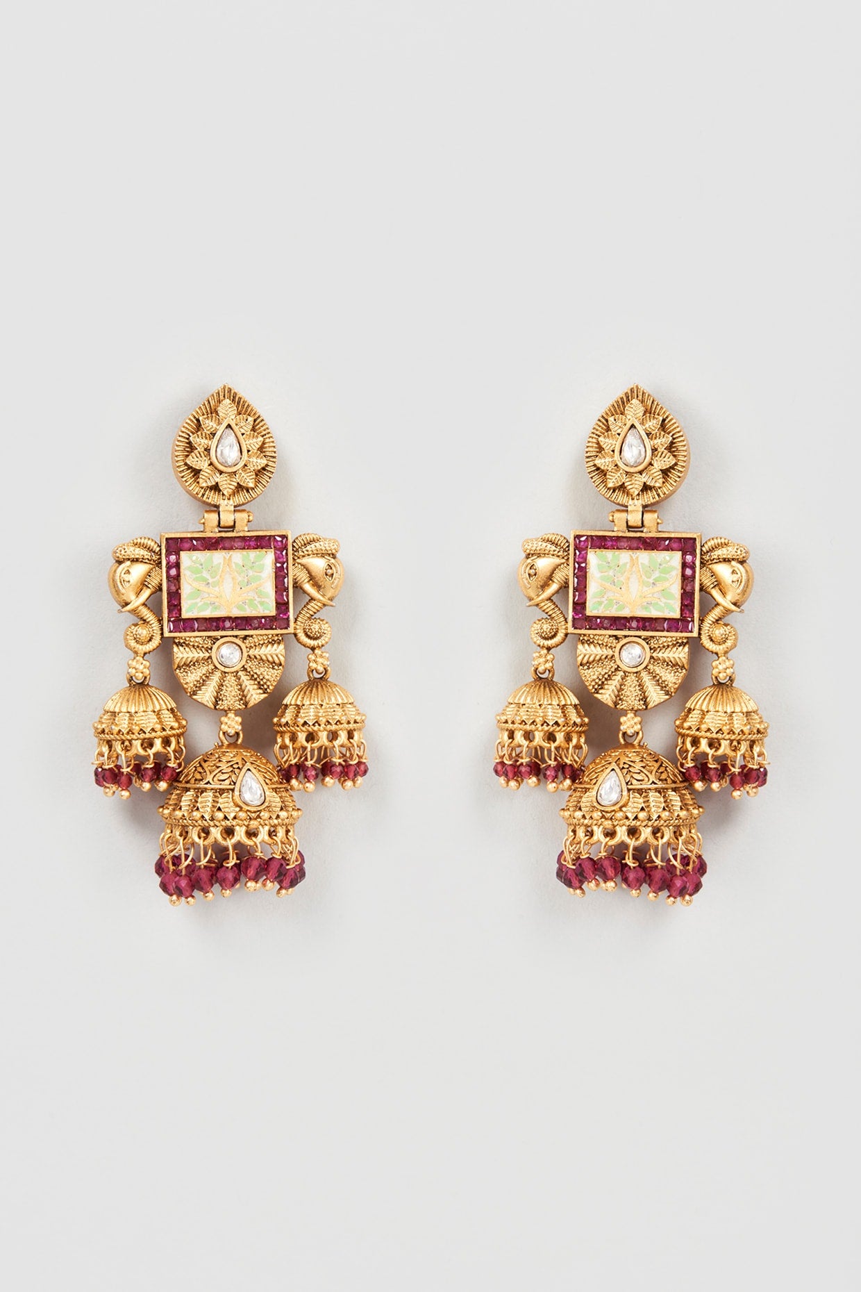 Gold Finish Red Stone & Kundan Polki Jhumka Earrings