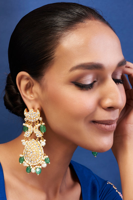 Gold Finish Green & White Kundan Polki Chandbali Earrings