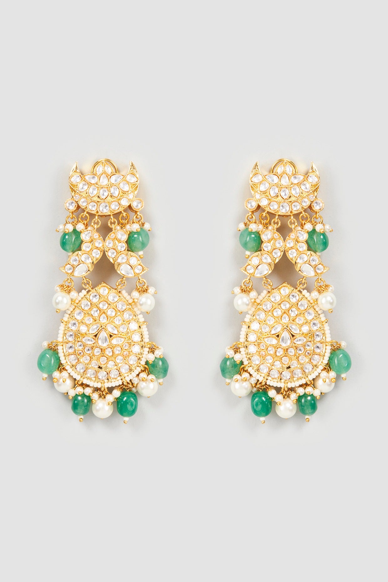 Gold Finish Green & White Kundan Polki Chandbali Earrings