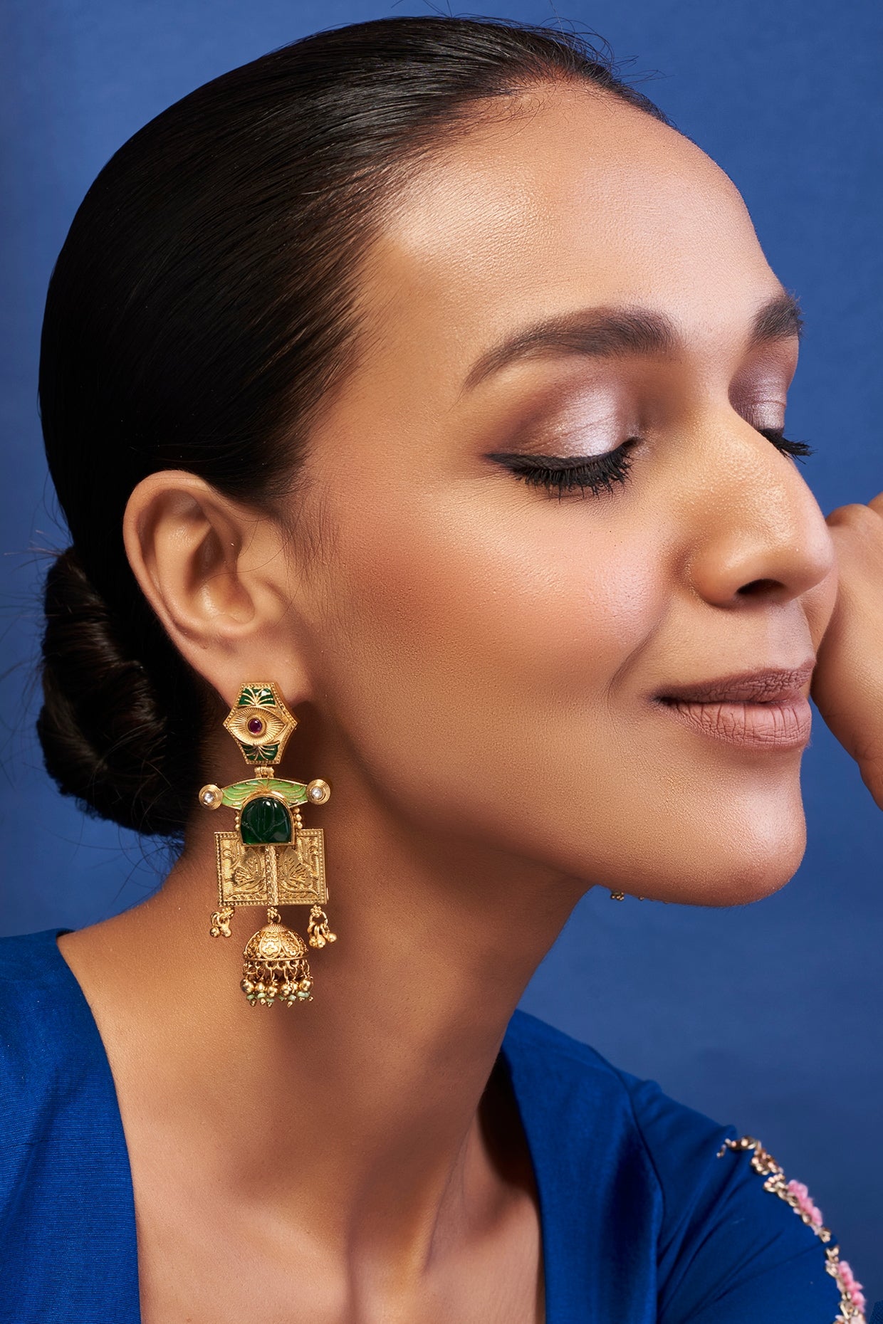 Gold Finish Green Stone & Kundan Polki Temple Earrings