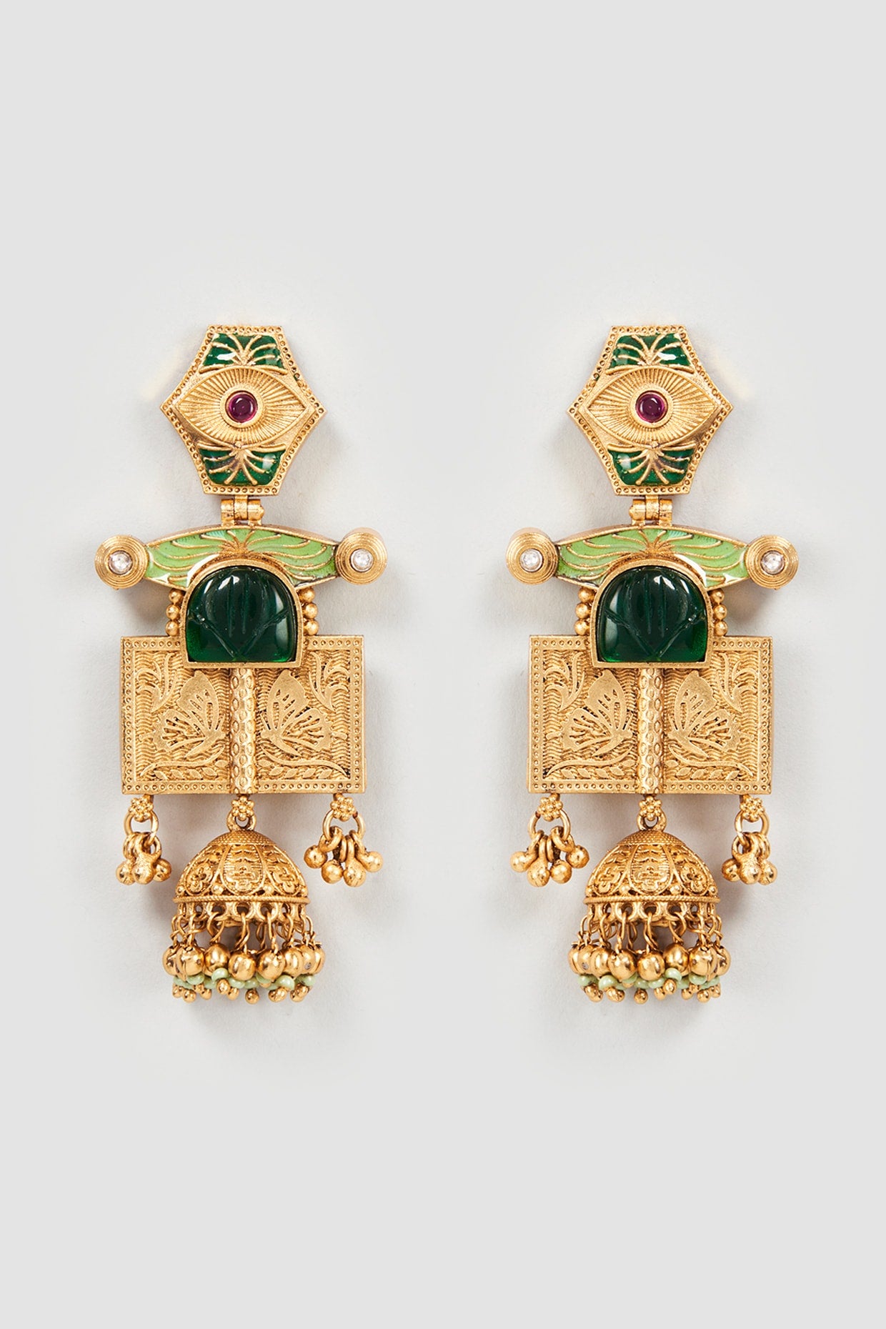 Gold Finish Green Stone & Kundan Polki Temple Earrings