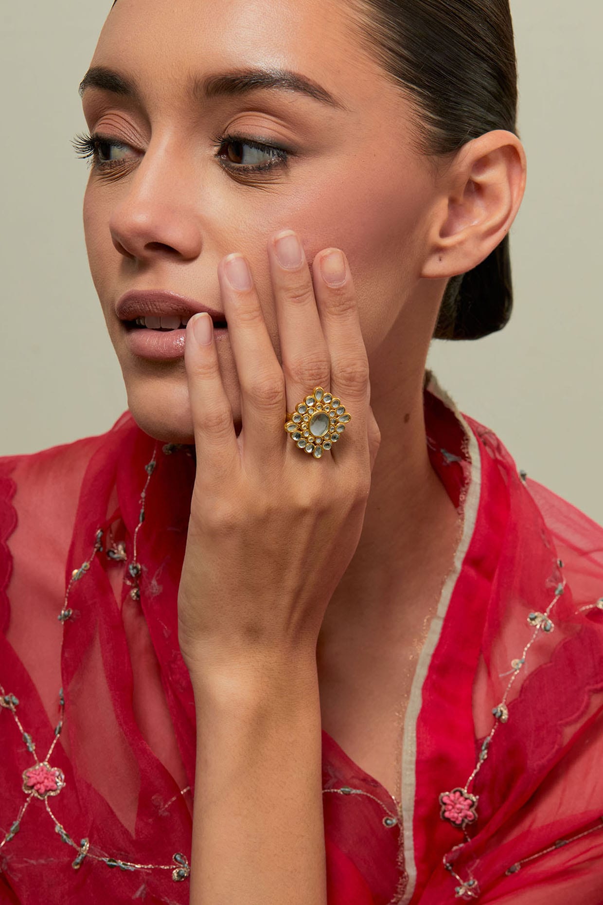 Gold Plated Kundan Polki & Pearl Ring