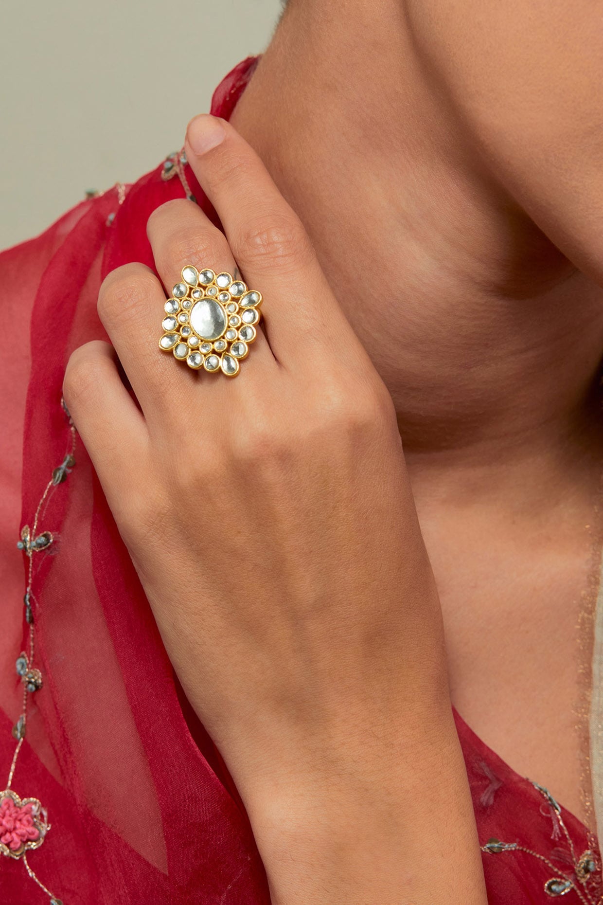 Gold Plated Kundan Polki & Pearl Ring