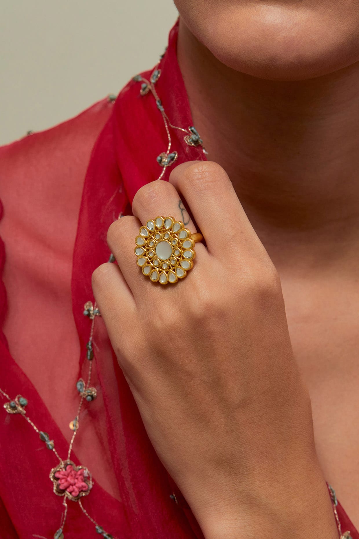 Gold Plated Kundan Polki & Pearl Ring