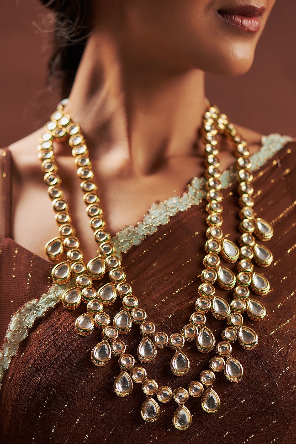 Gold Plated Kundan Polki Long Layered Necklace