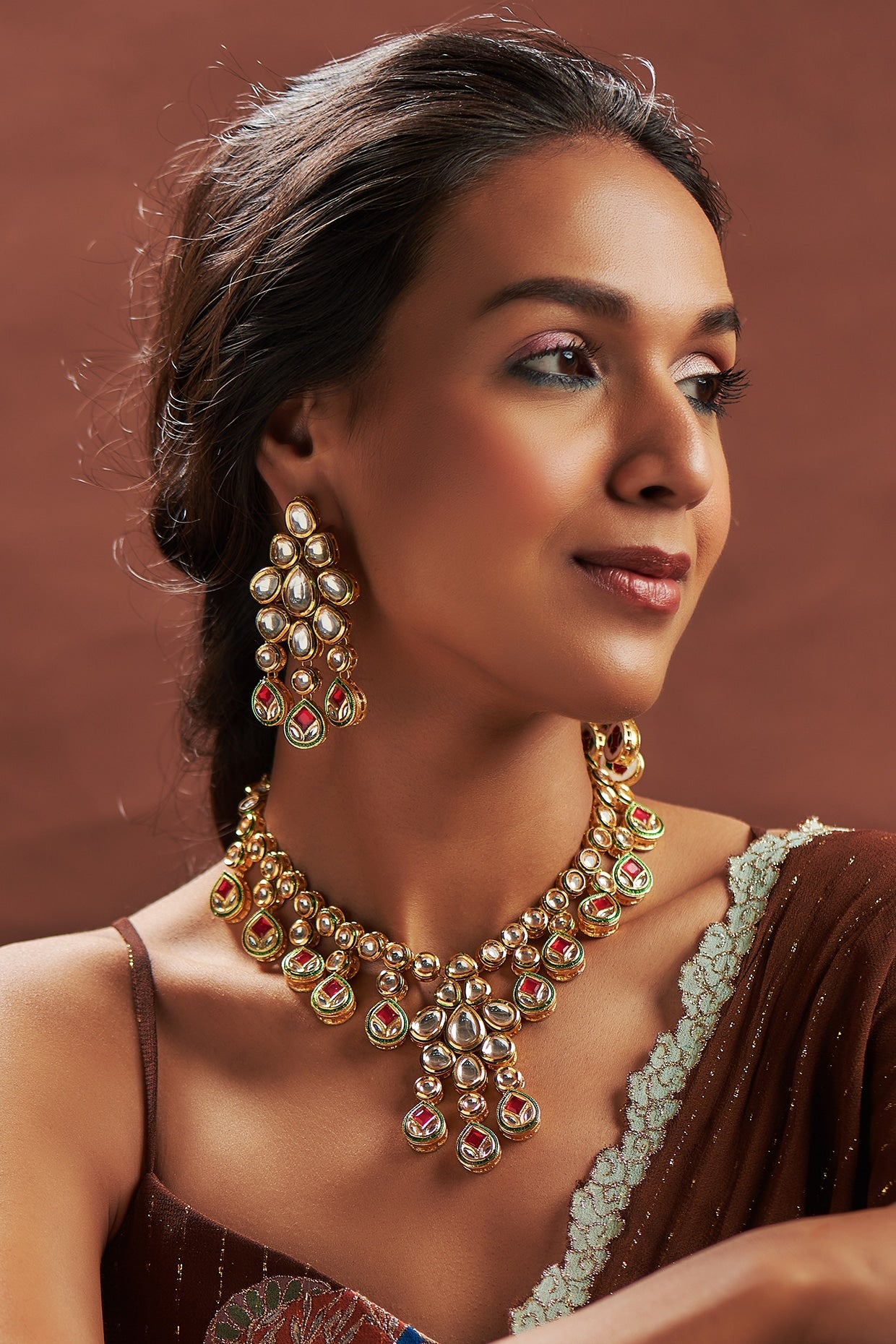 Gold Plated Kundan Polki & Pink Stone Long Necklace Set