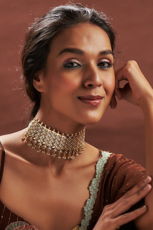 Gold Plated Kundan Polki & Pearl Choker Necklace