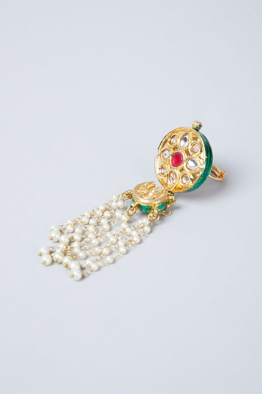 Gold Plated Ruby & Pearls Tassel Ring