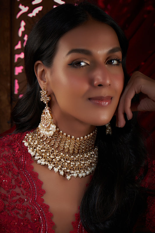 Gold Plated Kundan Polki & Pearl Choker Necklace Set