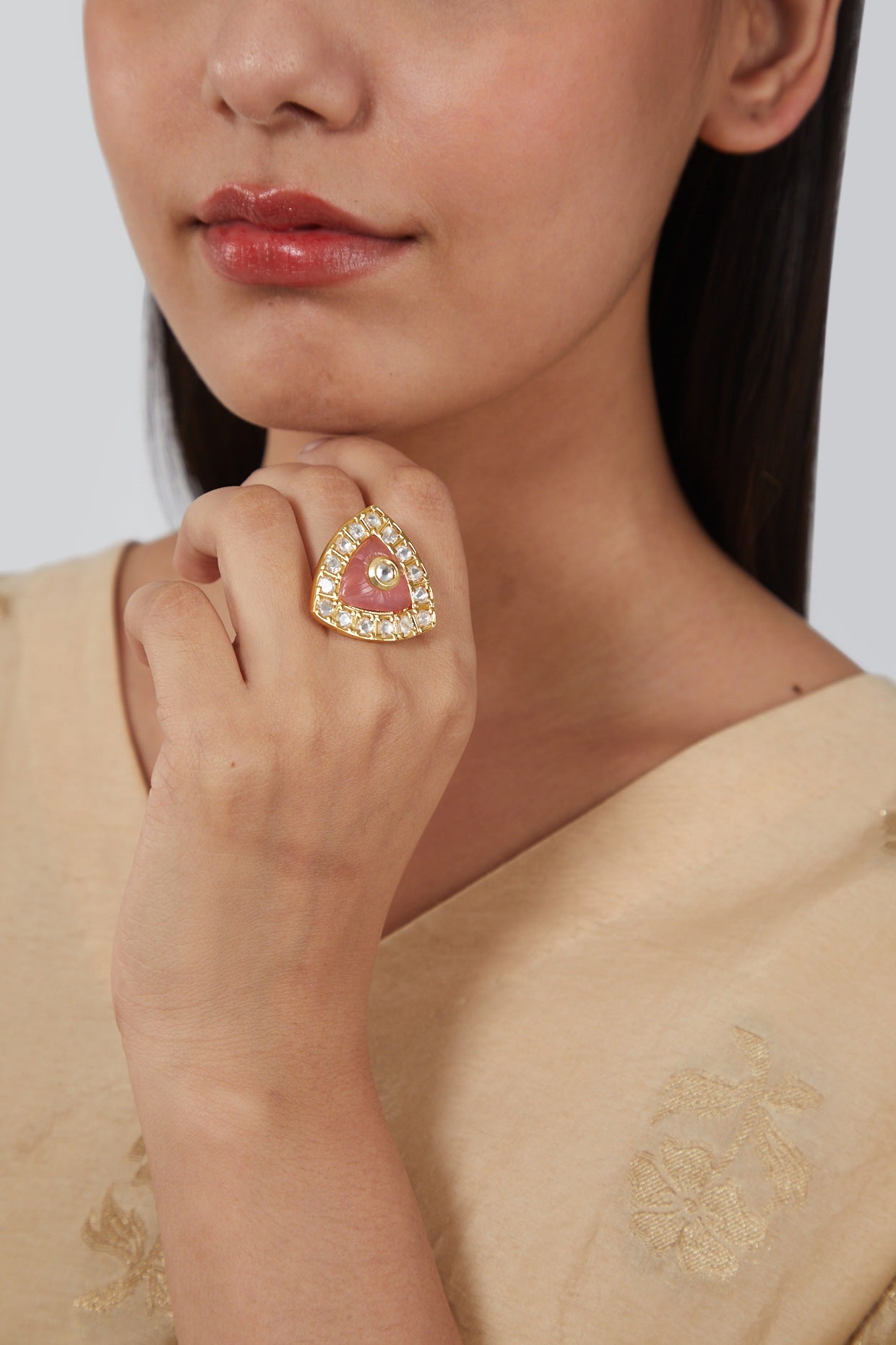 Gold Plated Kundan Polki Triangular Ring