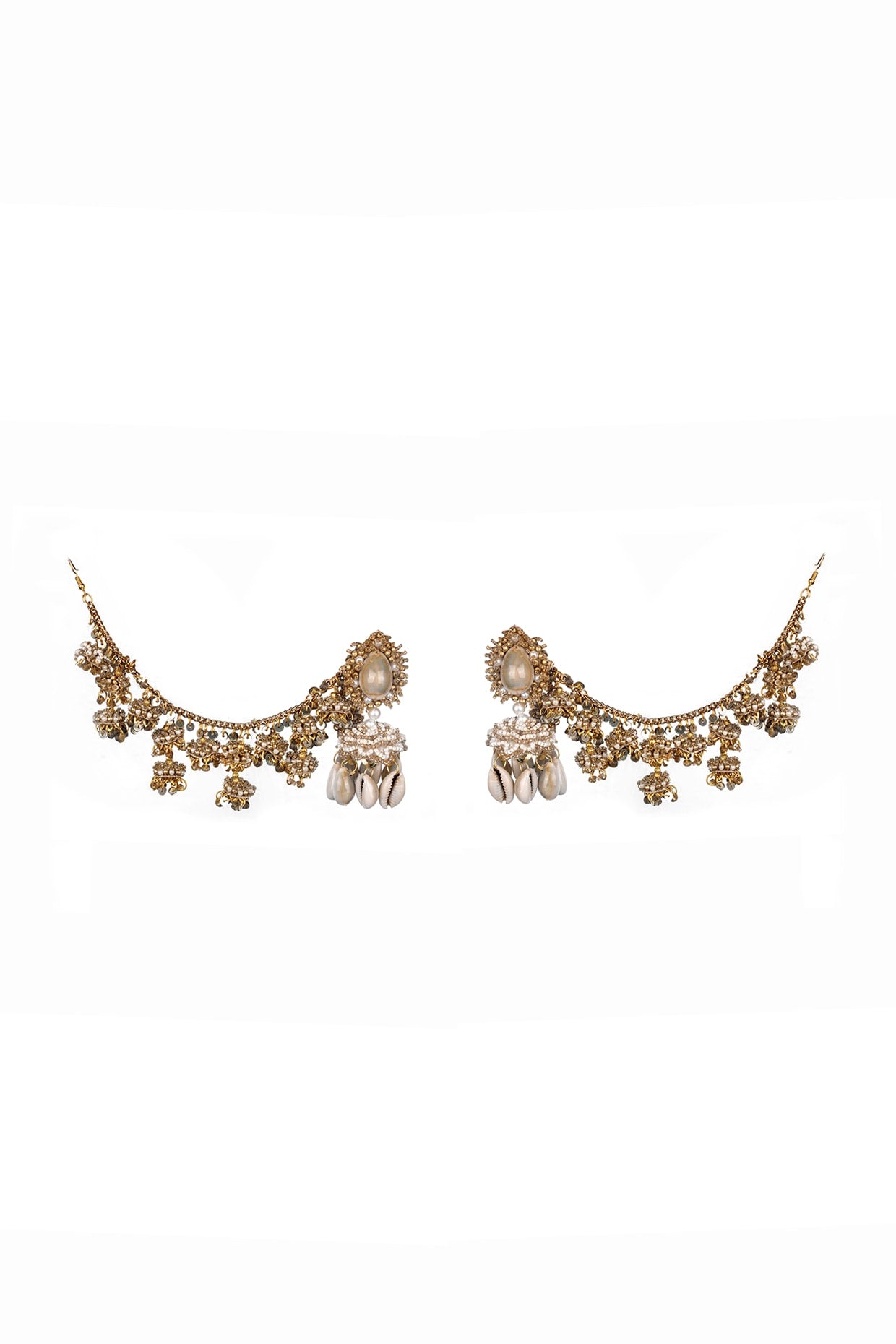 Gold Finish Pearl & Shell Dangler Earrings