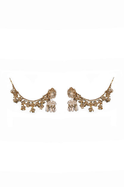 Gold Finish Pearl & Shell Dangler Earrings