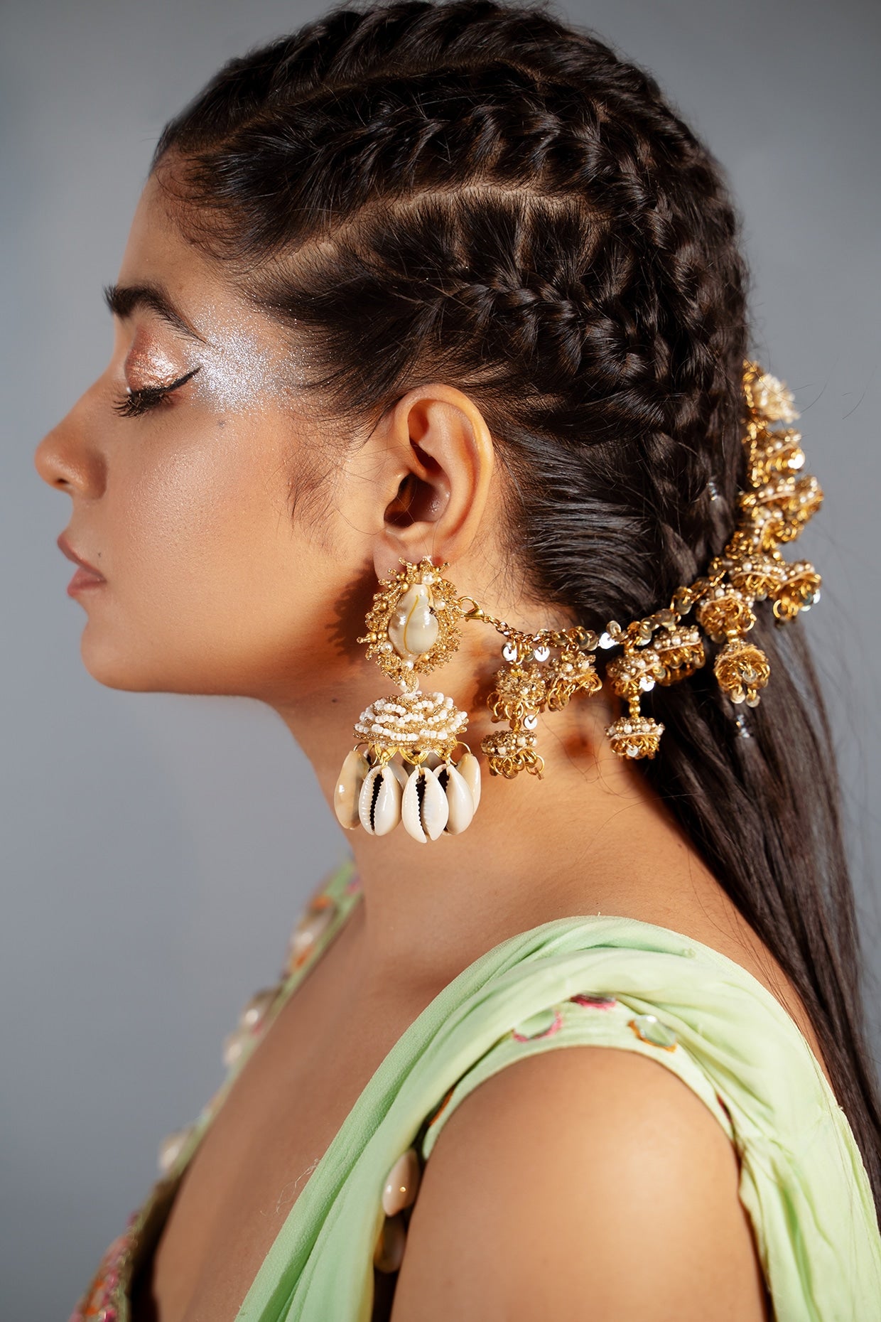 Gold Finish Pearl & Shell Dangler Earrings