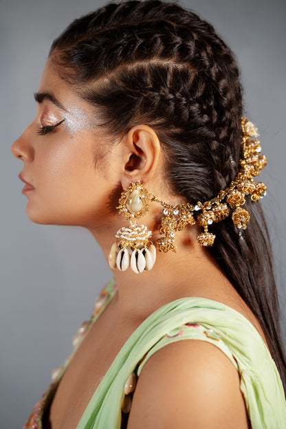 Gold Finish Pearl & Shell Dangler Earrings
