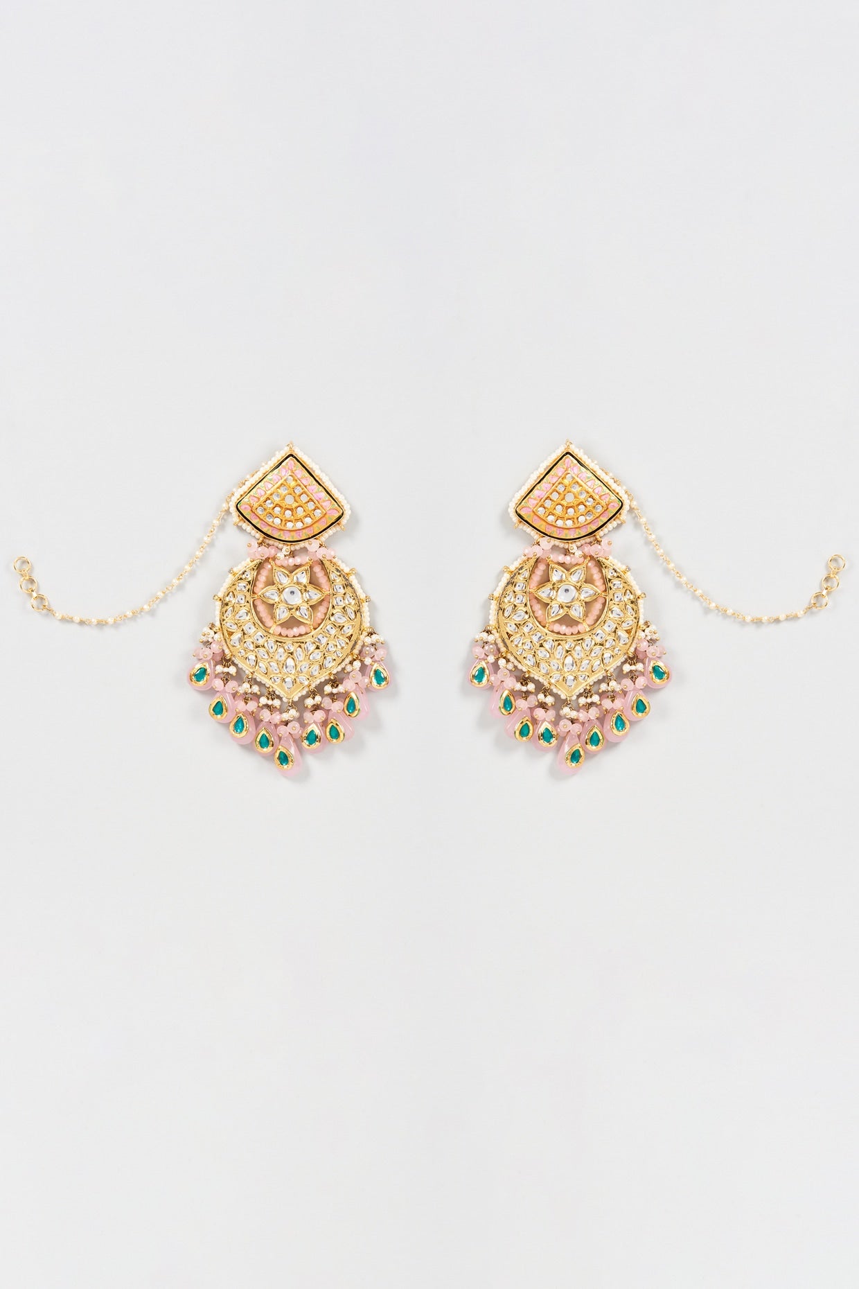 Gold Finish Pink Kundan Polki Meenakari Chandbali Earrings