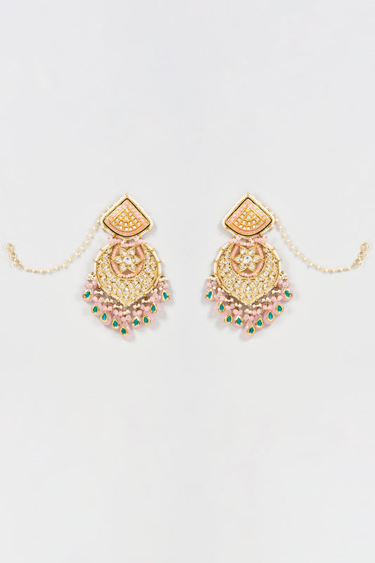 Gold Finish Pink Kundan Polki Meenakari Chandbali Earrings