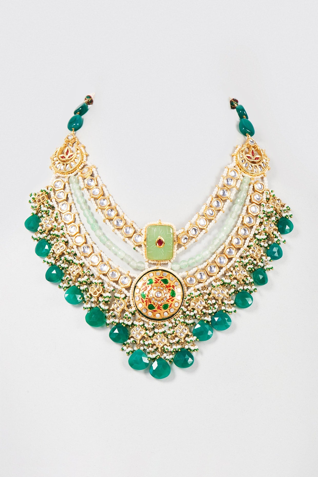 Gold Finish Green Kundan Polki & Pearl Enameled Necklace