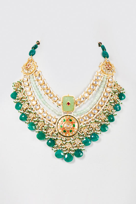 Gold Finish Green Kundan Polki & Pearl Enameled Necklace