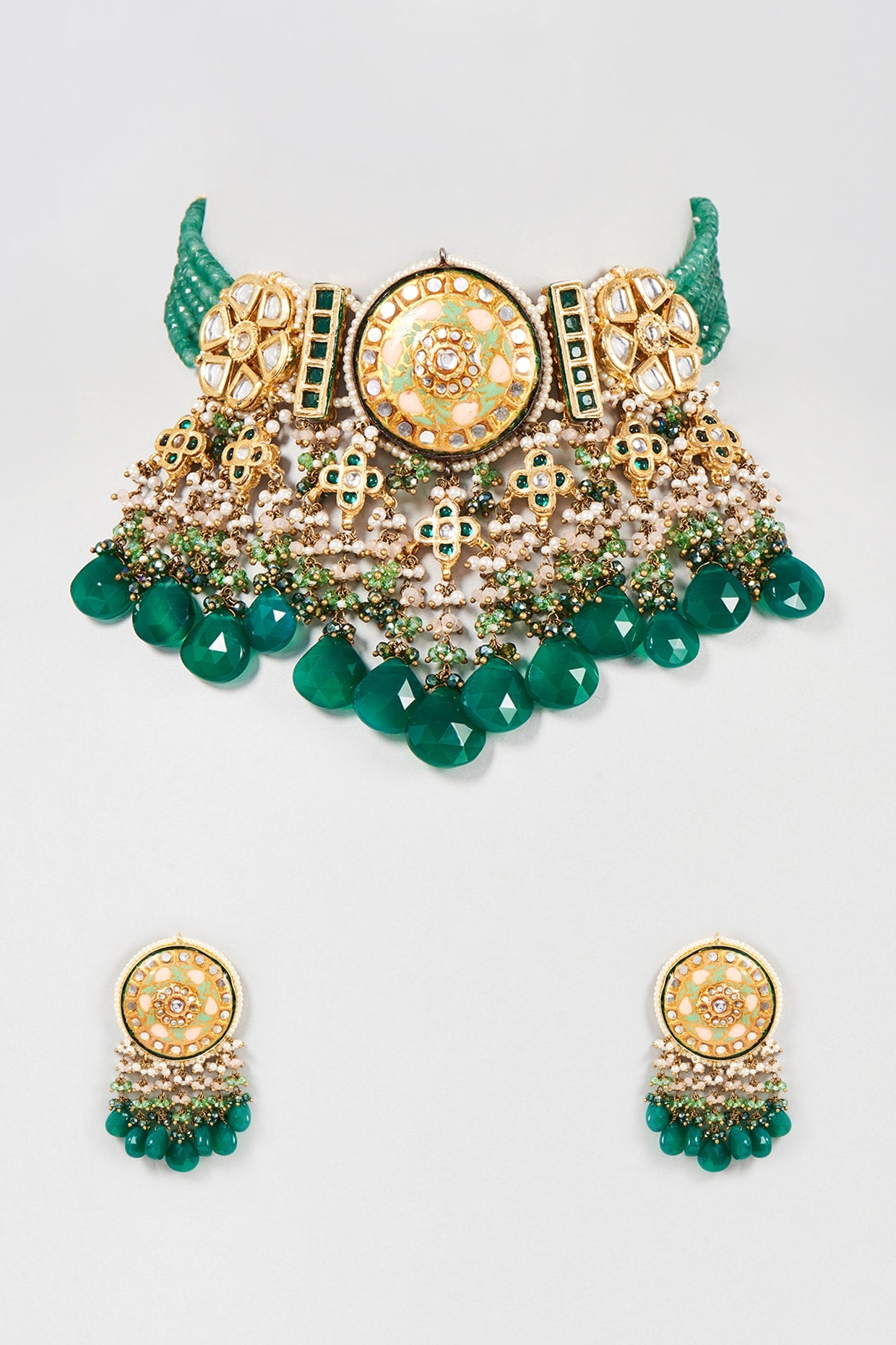 Gold Finish Green Kundan Polki & Pearl Enameled Choker Necklace Set