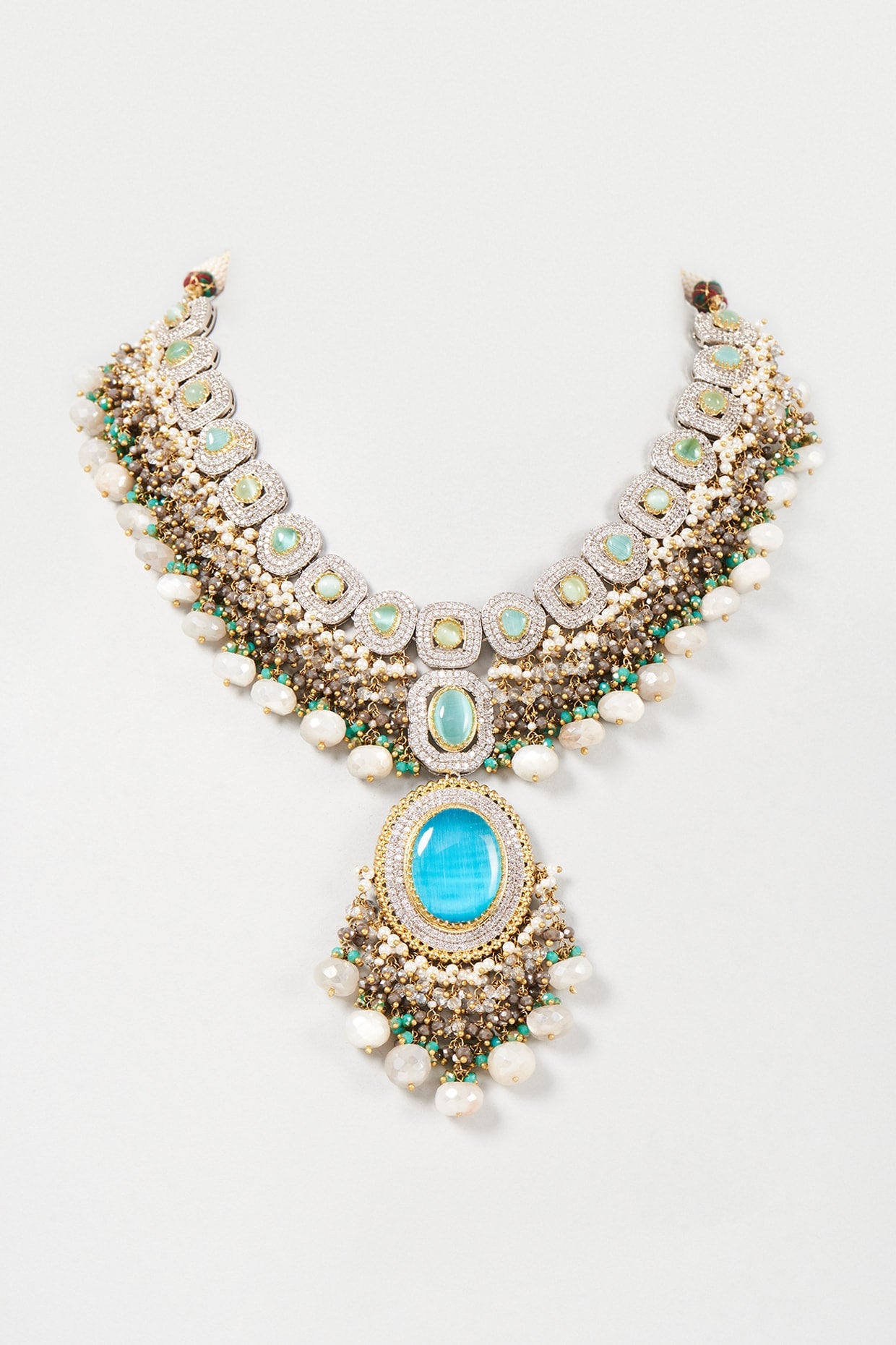 Gold Finish Turquoise Stone & Pearl Meenakari Necklace