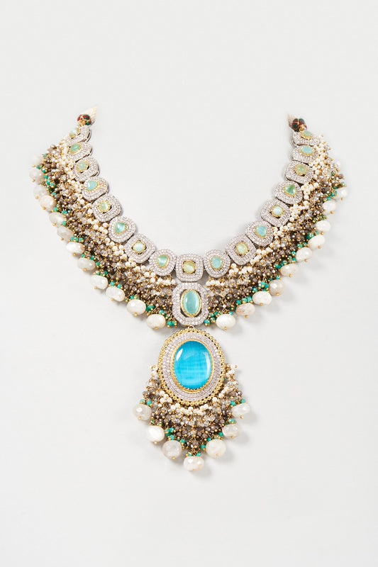 Gold Finish Turquoise Stone & Pearl Meenakari Necklace