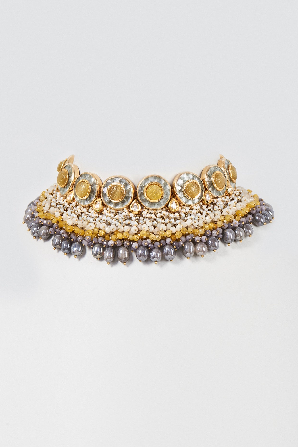 Gold Finish Yellow Stone & Pearl Meenakari Choker Necklace