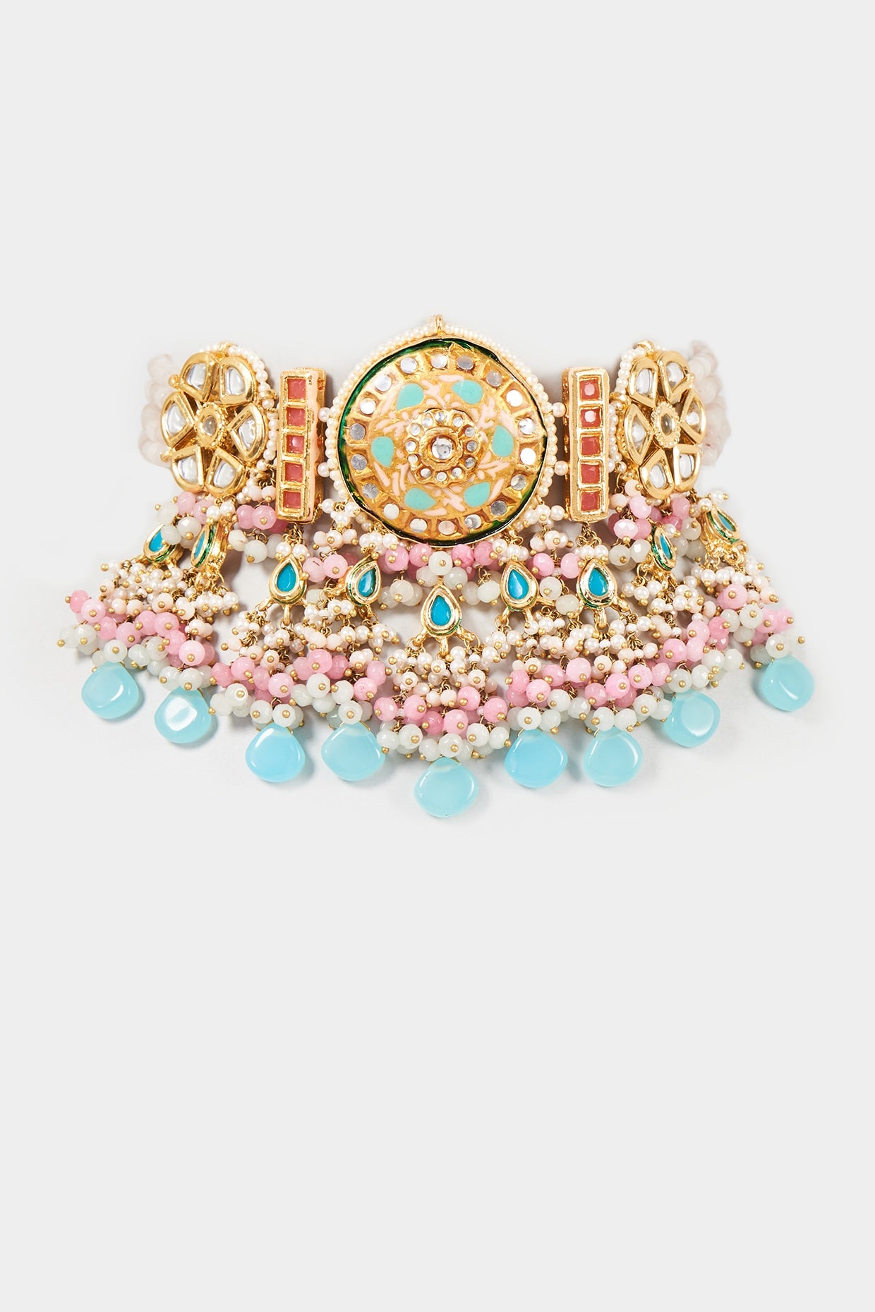 Gold Finish Blue Kundan Polki & Pearl Meenakari Choker Necklace