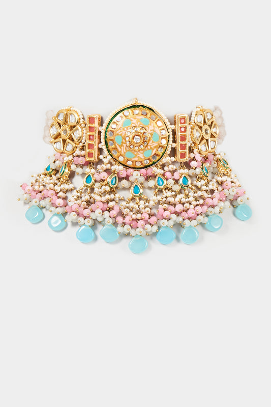 Gold Finish Blue Kundan Polki & Pearl Meenakari Choker Necklace