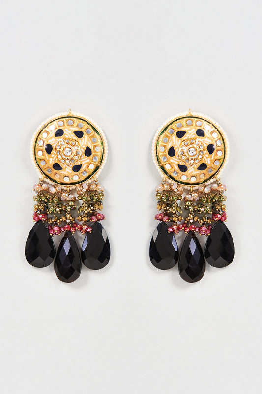 Gold Finish Blue Onyx & Pearl Meenakari Dangler Earrings