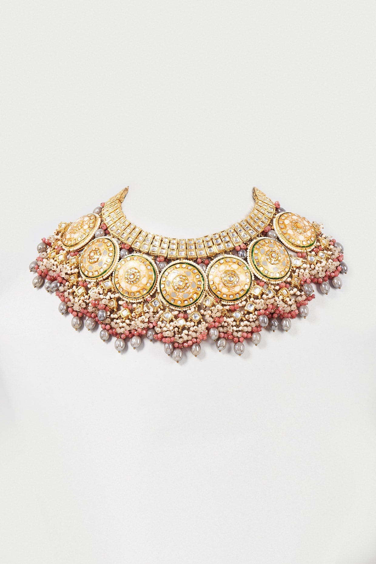 Gold Finish Grey Kundan Polki & Pearl Meenakari Choker Necklace