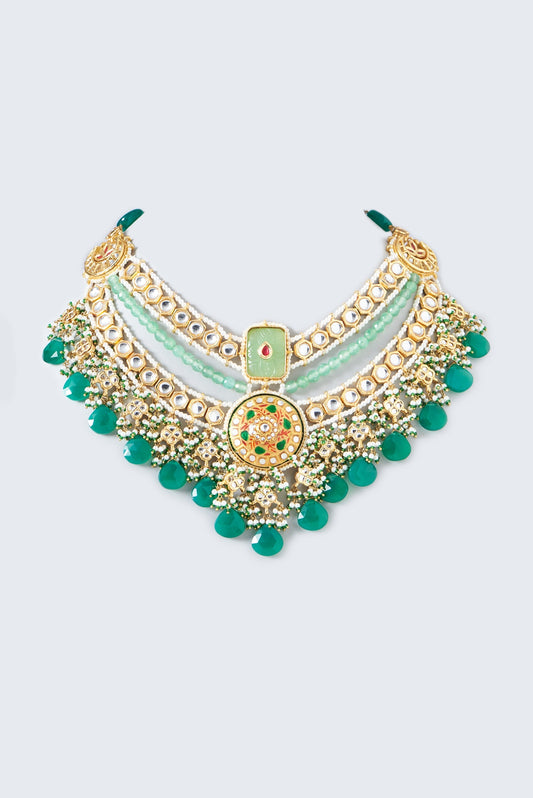 Gold Finish Synthetic Emerald Stone Enameled Choker Necklace