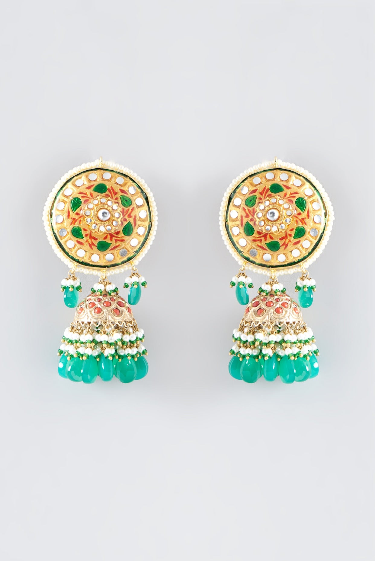 Gold Finish Synthetic Emerald Stone Enameled Dangler Earrings