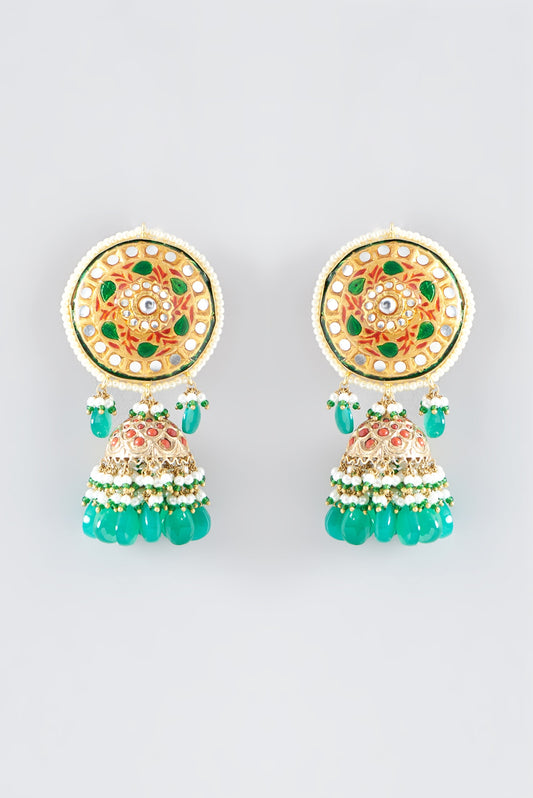 Gold Finish Synthetic Emerald Stone Enameled Dangler Earrings