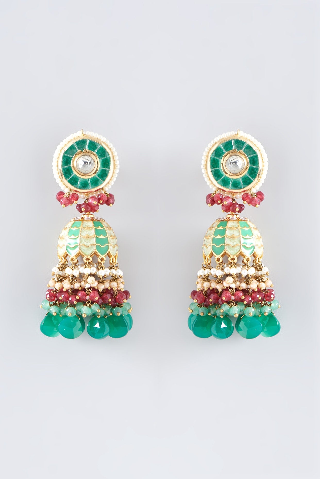 Gold Finish Synthetic Emerald Stone Meenakari Dangler Earrings